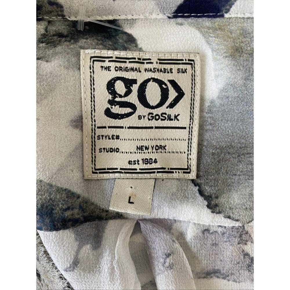 Go by Go Silk Shirt Button Down Tunic Sheer Gray White Silk V Neck Long Sleeve L - Picture 7 of 8